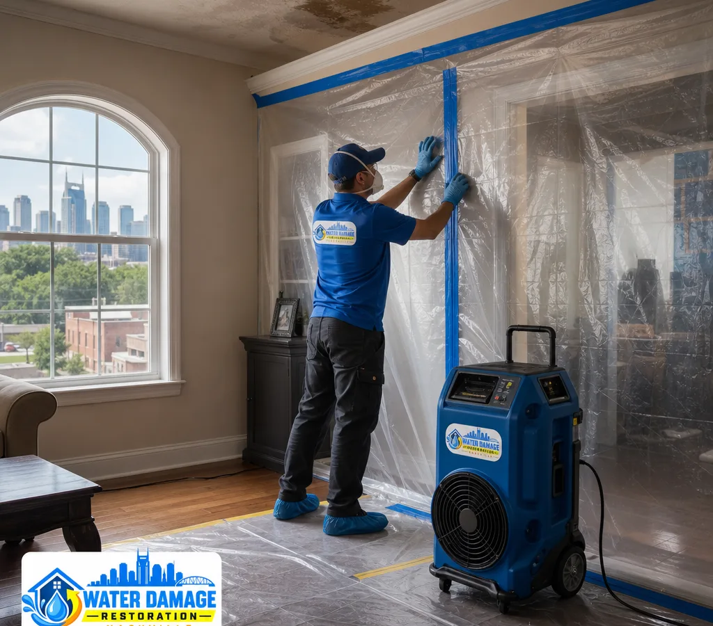 Certified technician setting up containment and negative air equipment in a Nashville-area home