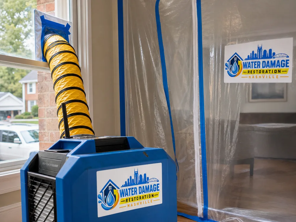 Negative air machine with HEPA filtration and sealed plastic containment in a residential interior
