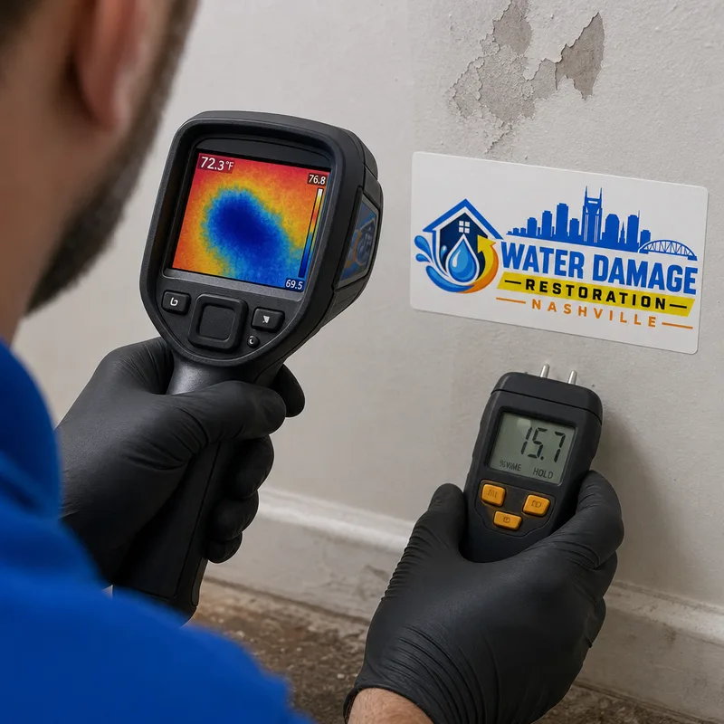Thermal imaging and moisture meter readings being compared on an interior wall