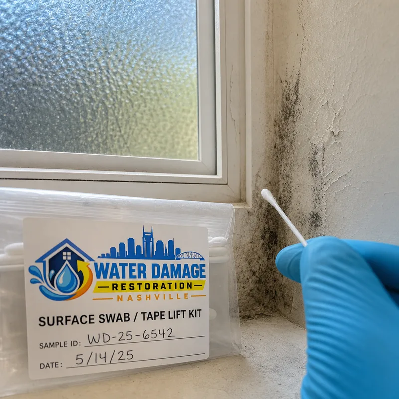 Labeled surface sampling kit beside suspected growth on an interior surface