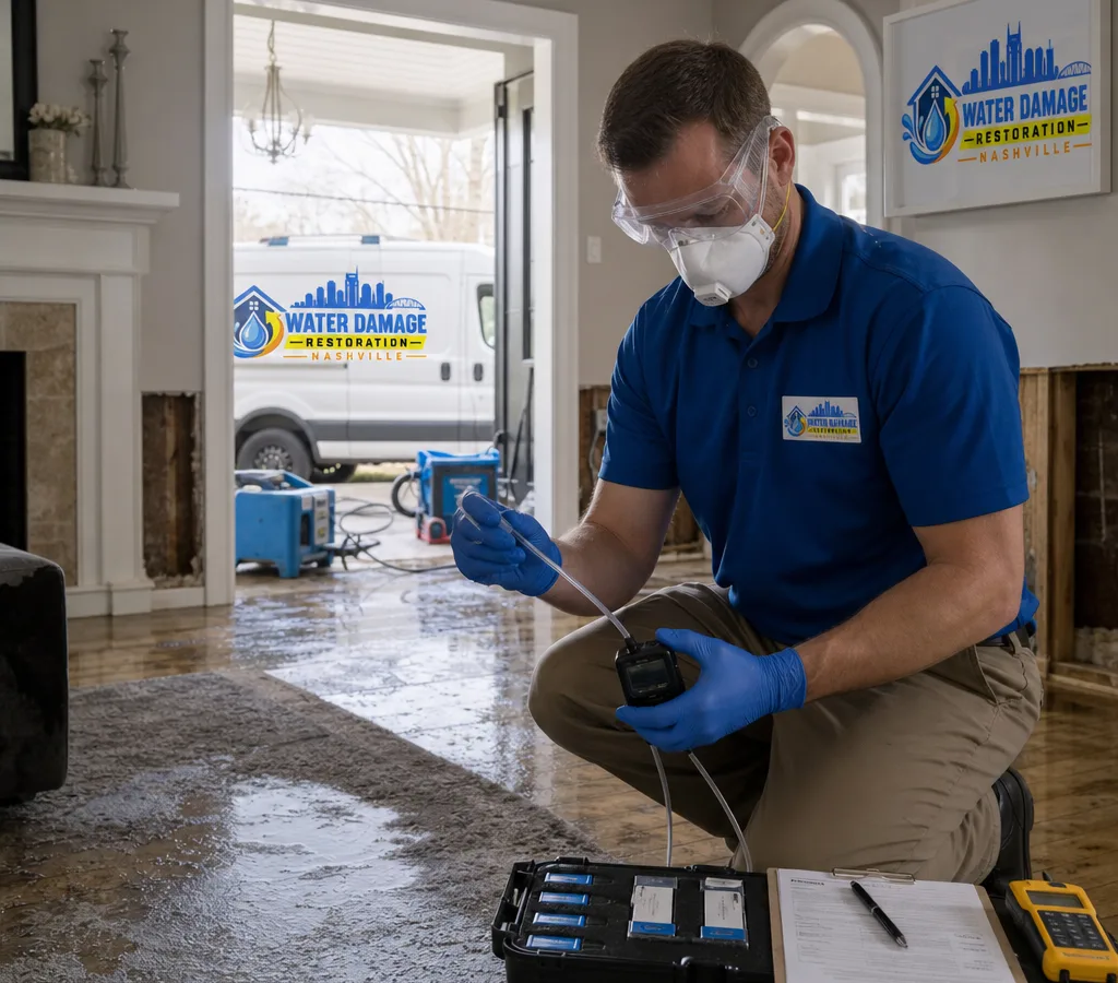 Inspector collecting an air sample with portable testing equipment in a Nashville home