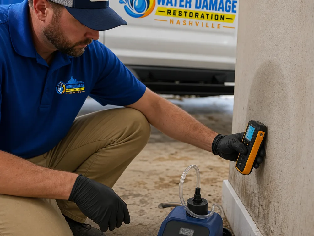 Technician using a moisture meter on drywall while an air-sampling pump operates nearby