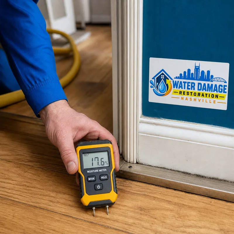 Technician measuring moisture in hardwood flooring near a doorway
