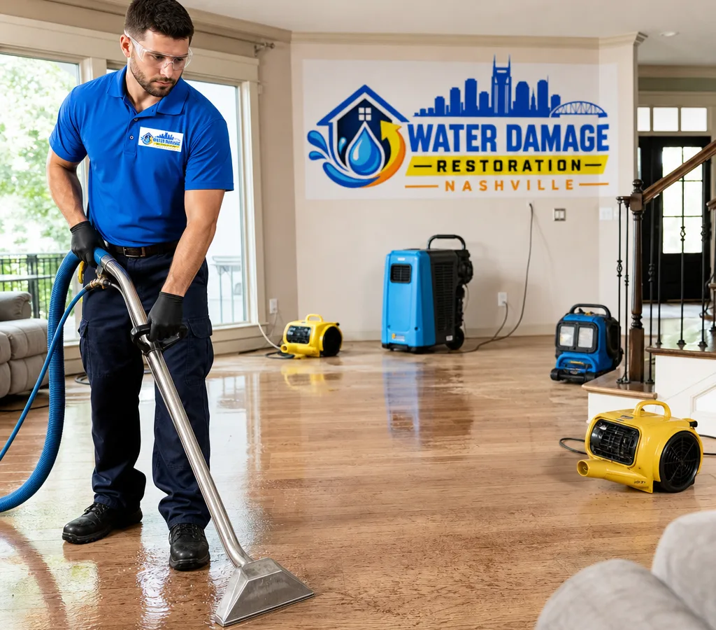 Technician in PPE extracting water in a Nashville home with drying equipment operating