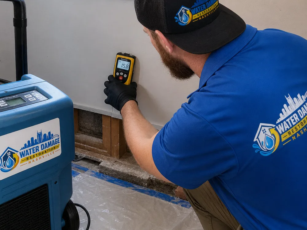 Moisture meter reading on drywall near protected flooring and a dehumidifier