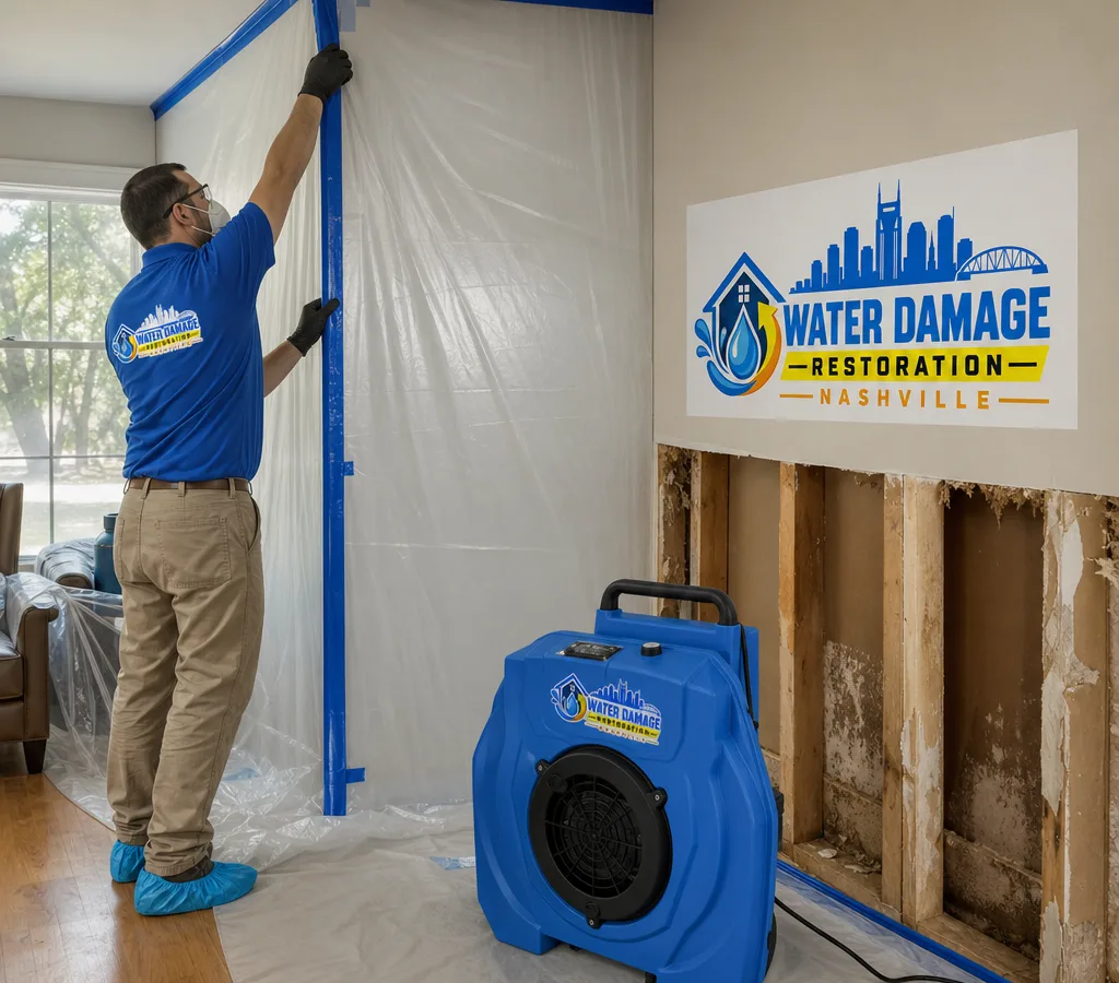 Technician in protective gear setting up containment and a HEPA air scrubber in a Nashville home