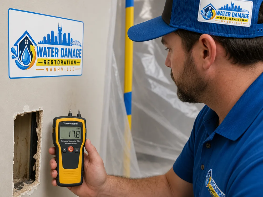 Moisture meter reading on drywall beside an inspection cutout and containment plastic