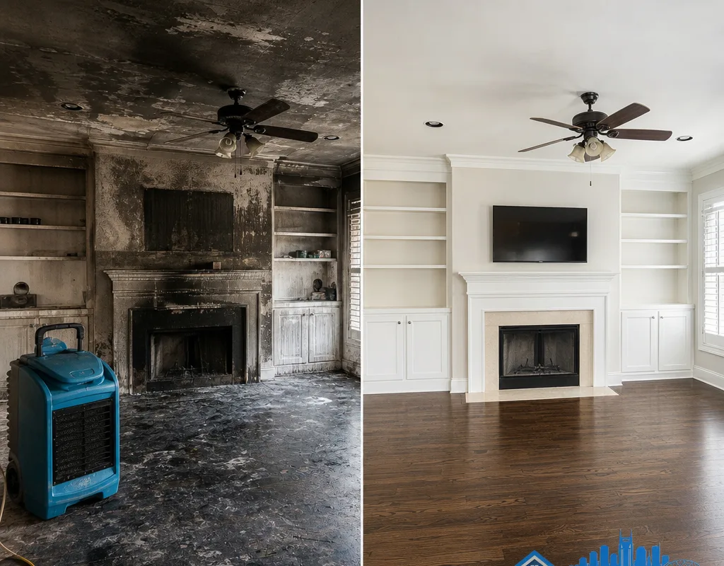 Before-and-after view of a smoke-stained living room restored after soot removal and deodorization