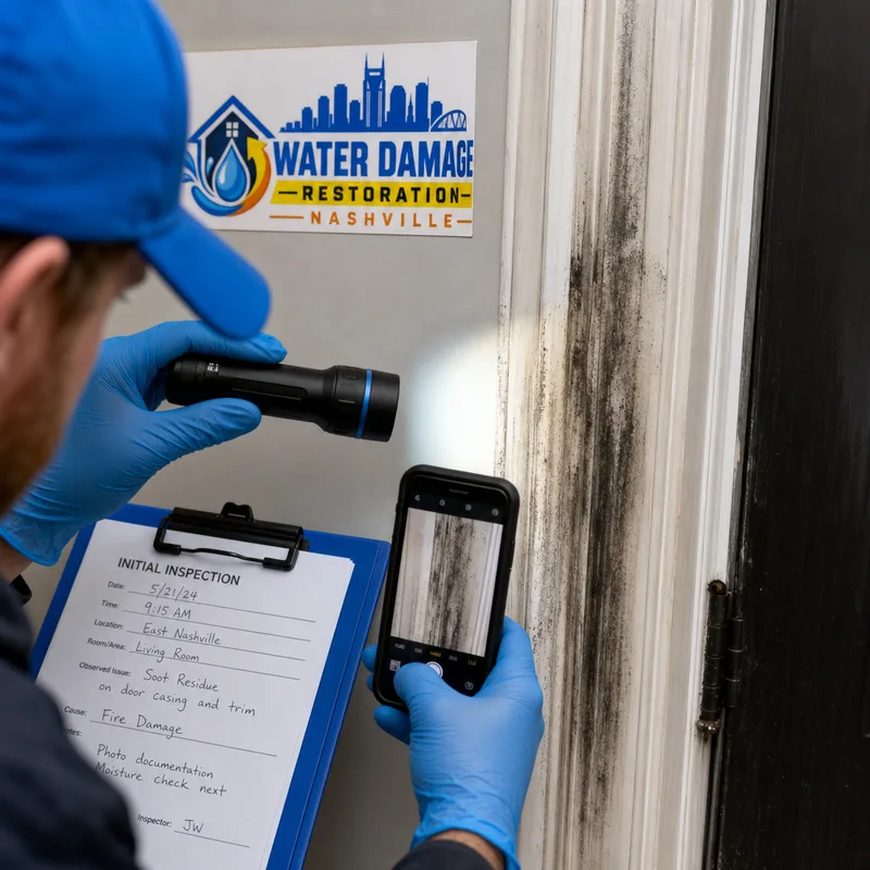 Soot residue on trim and door casing during an inspection with measurement notes and photo documentation
