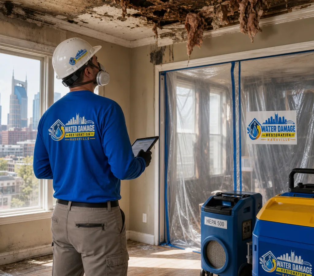 Technician in protective gear assessing fire and smoke damage inside a Nashville home with containment and HEPA equipment nearby