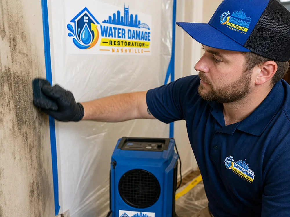 Technician using a soot sponge on smoke-stained drywall with containment and an air scrubber operating nearby