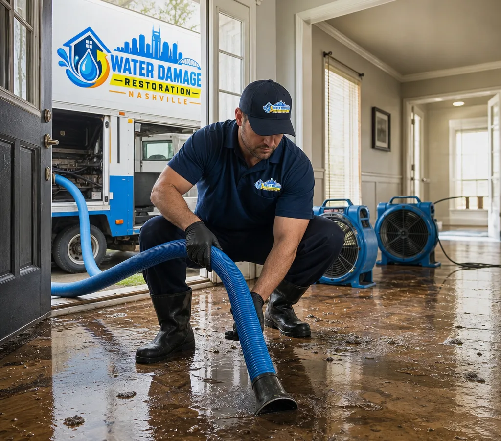 Technician extracting standing water from a flooded Nashville home with drying equipment staged nearby