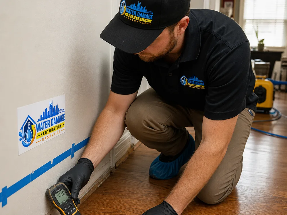 Moisture meter readings being taken along a drywall base and hardwood floor edge with affected areas marked