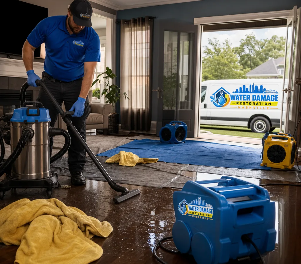 Restoration technician extracting storm water and setting air movers in a Nashville living room