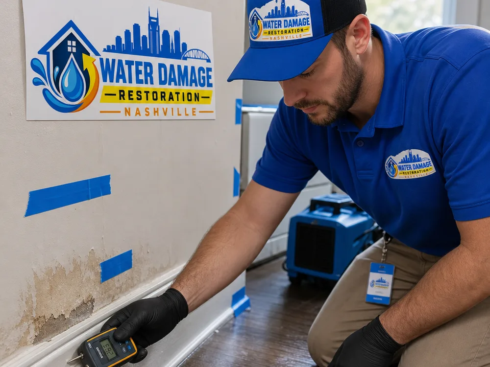 Technician measuring moisture along storm-damaged baseboard and drywall in a Nashville home