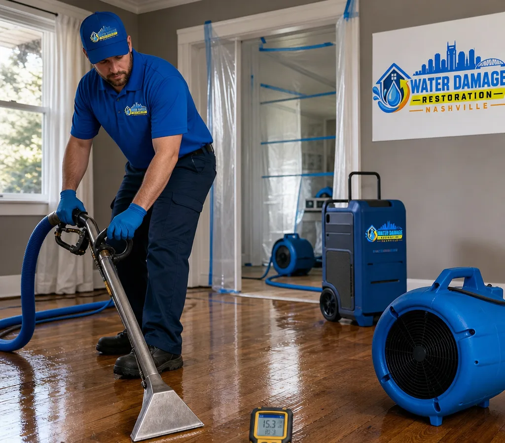 Technician extracting water from a residential hardwood floor with air movers and moisture testing equipment nearby