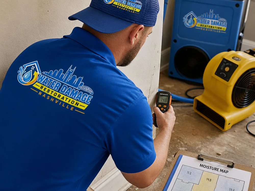 Technician measuring moisture at drywall and baseboard while drying equipment operates nearby