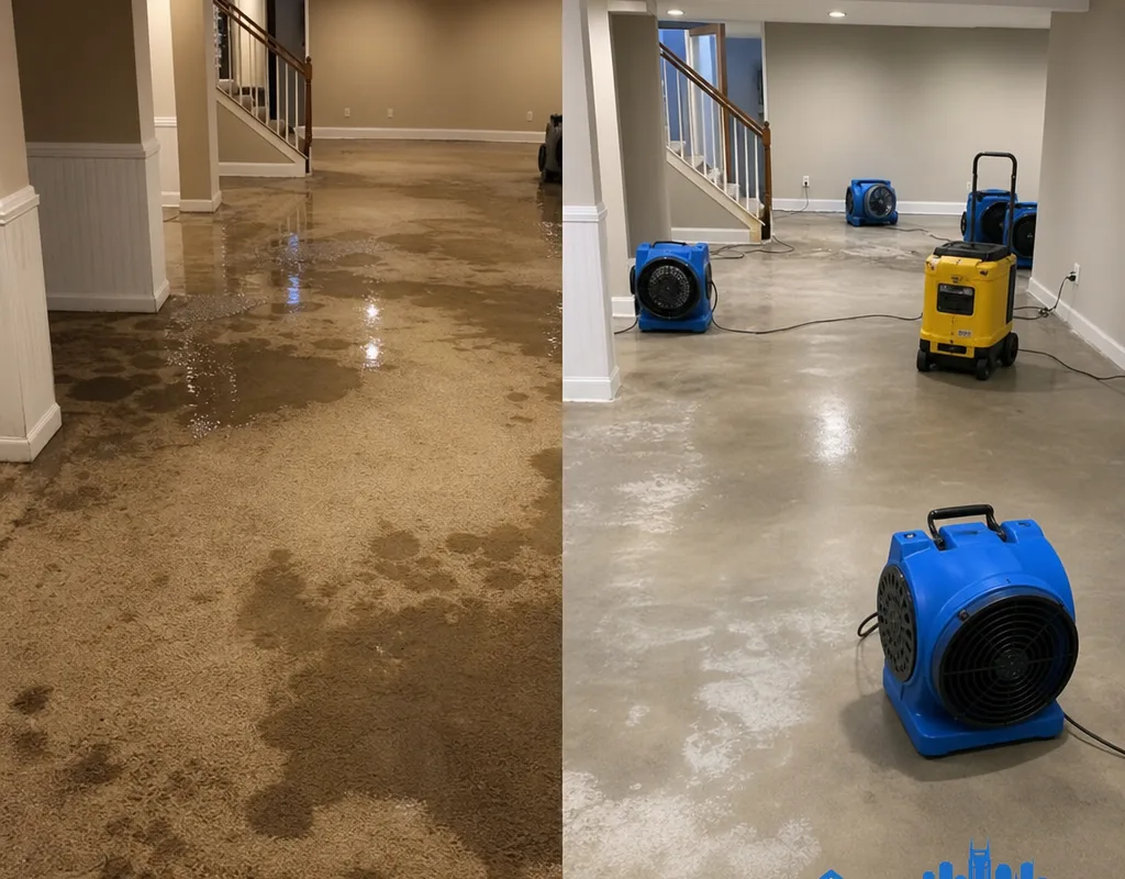 Before-and-after view of a flooded basement and the same space prepared for repairs after extraction and drying