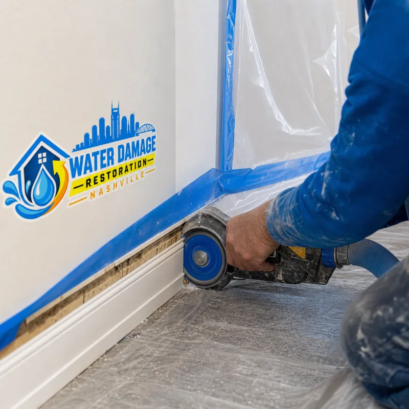 Controlled flood cut being made in wet drywall with containment measures in place