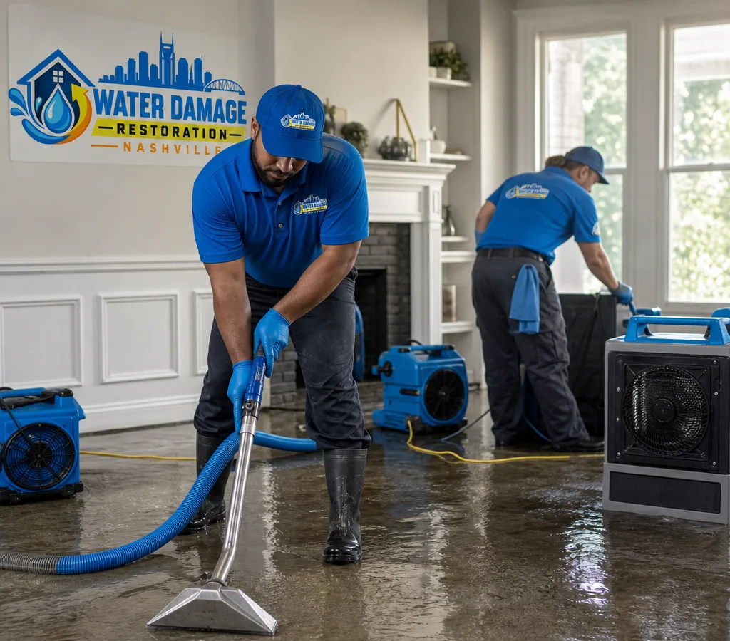 Technicians extracting standing water from a Nashville home with drying equipment staged nearby