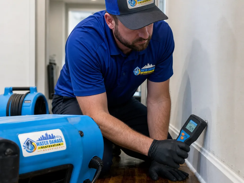 Technician taking moisture readings along wet baseboards and drywall while air movers operate
