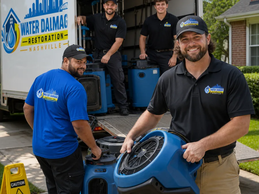 Restoration crew unloading air movers and dehumidifiers at a Nashville home